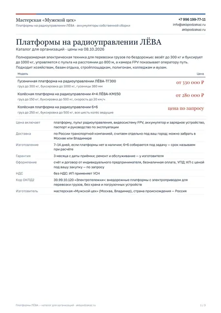 Обложка каталога платформ ЛЁВА для организаций: цены, ОКПД2, условия поставки